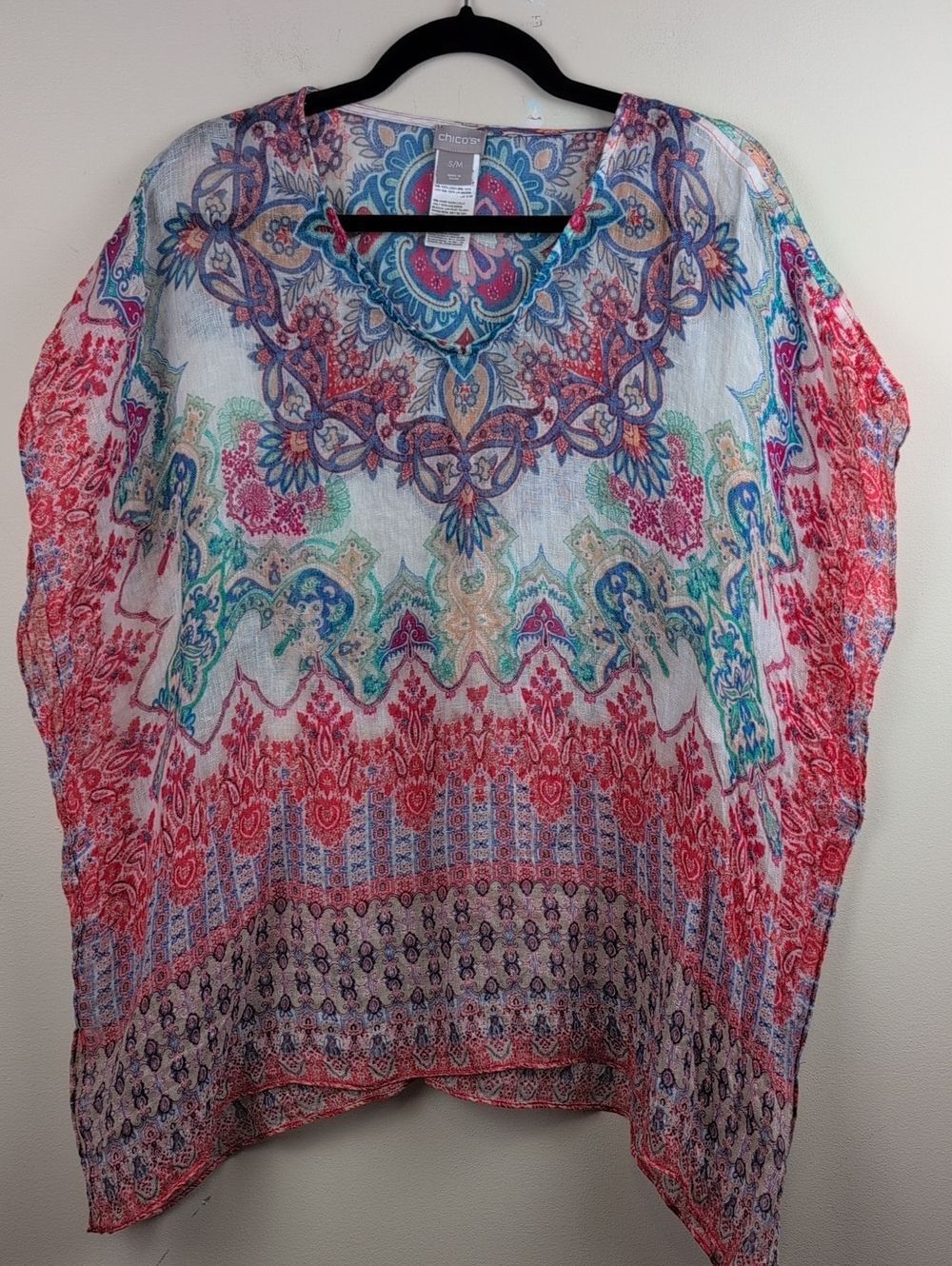 Chico's Colorful Linen V-Neck Pullover Poncho Lightweight Lagenlook Top Size S/M